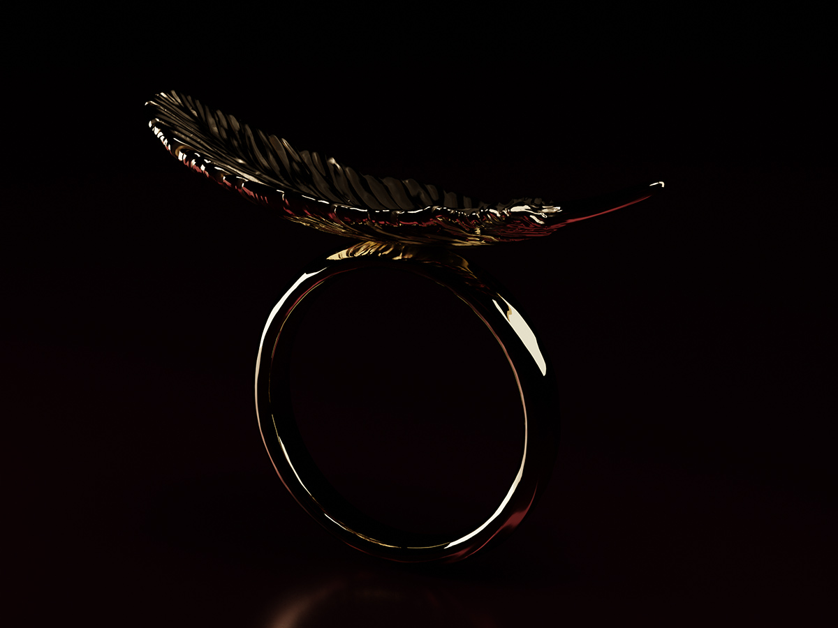 Rings with a Feather. Jewelry design and 3D Rendering. Sculpted jewellery.